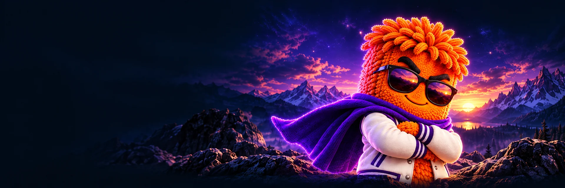 Ruggy in sunglasses and a varsity jacket, overlooking a violet mountain skyline